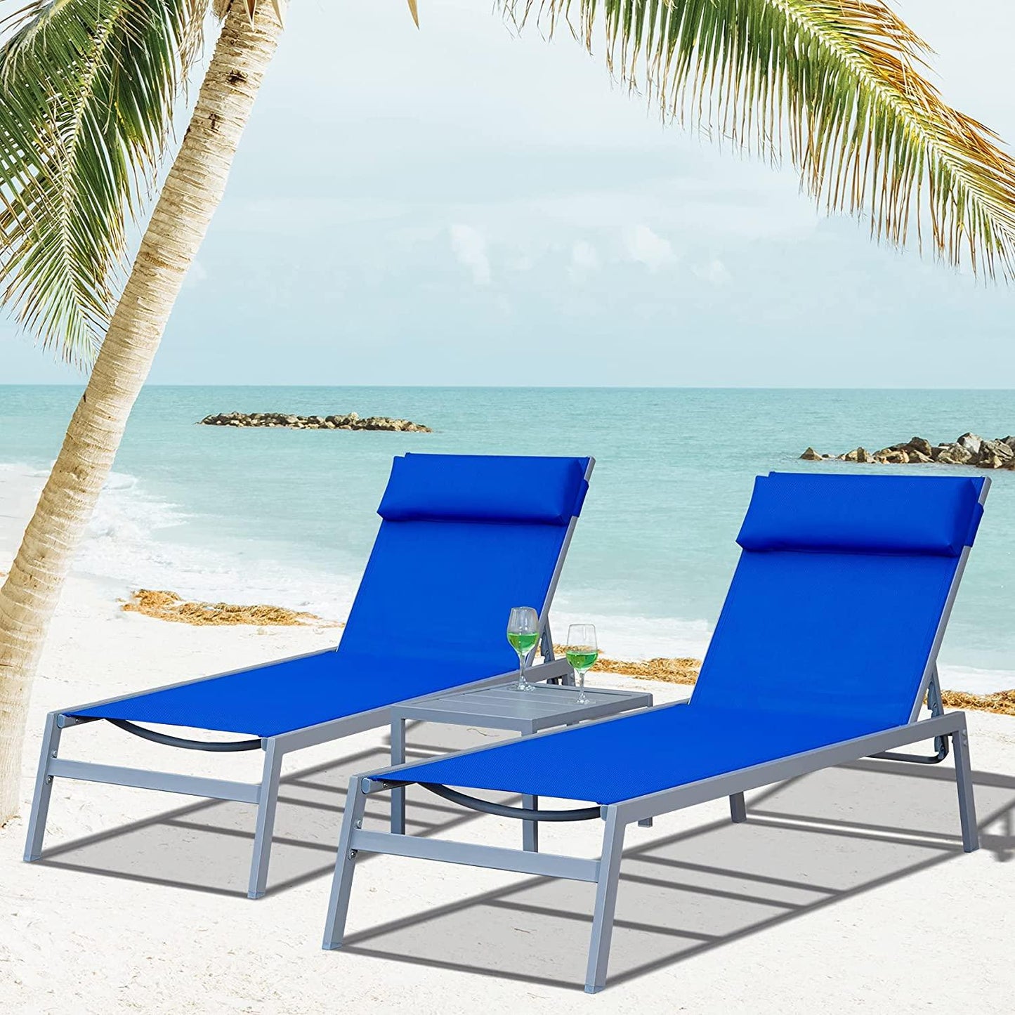 Domi Patio 3 Pieces Aluminum Textilene Chaise Lounge Set with Side Table Outdoor,Adjustable Back