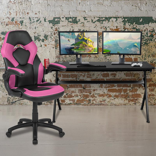 Gaming Desk and Pink/Black Racing Chair Set /Cup Holder/Headphone Hook/Removable Mouse Pad Top - 2 Wire Management Holes