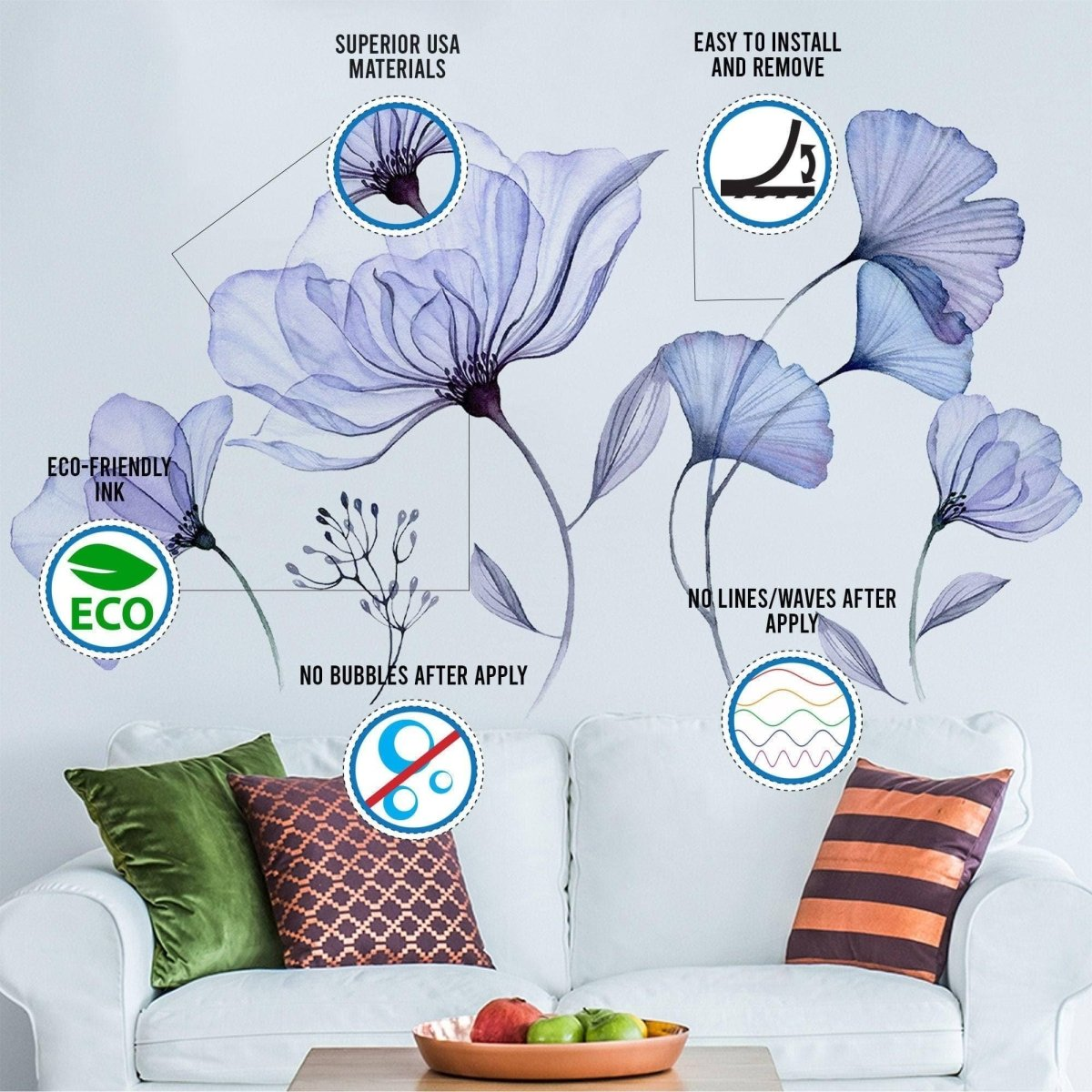 Floral Wall Vinyl Sticker Mural - 3d Blue Flowers Stick Peel Living Room Decor Decal - Furniture Bathroom Blossom Art Transfers Wallpaper