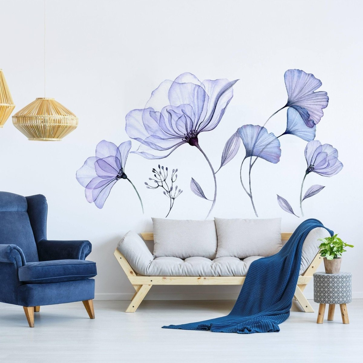 Floral Wall Vinyl Sticker Mural - 3d Blue Flowers Stick Peel Living Room Decor Decal - Furniture Bathroom Blossom Art Transfers Wallpaper