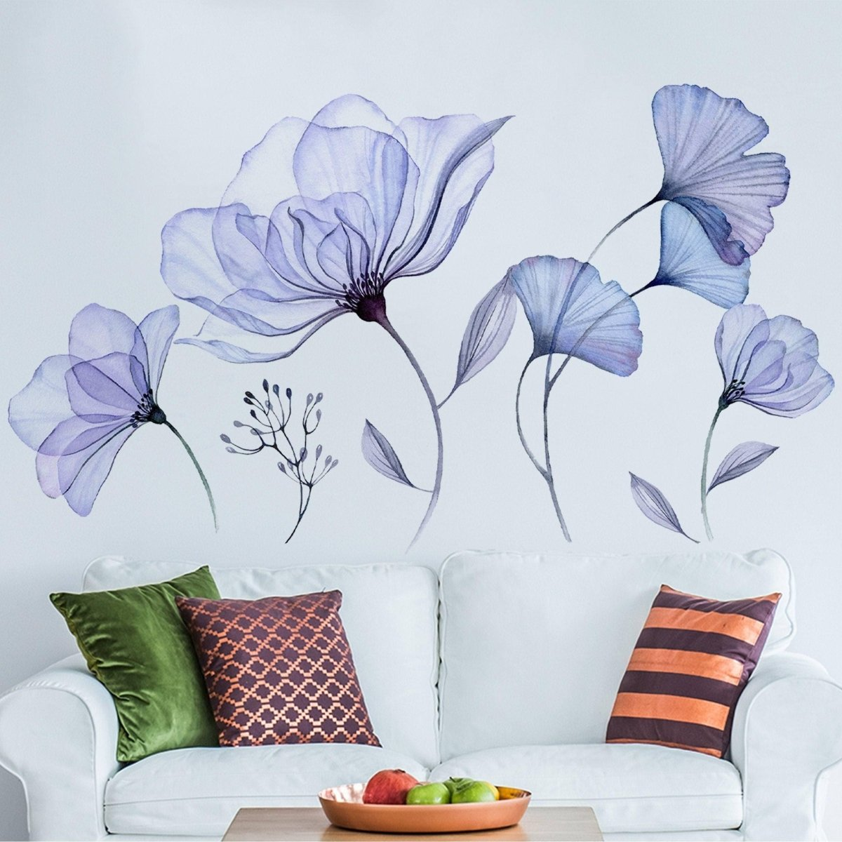 Floral Wall Vinyl Sticker Mural - 3d Blue Flowers Stick Peel Living Room Decor Decal - Furniture Bathroom Blossom Art Transfers Wallpaper