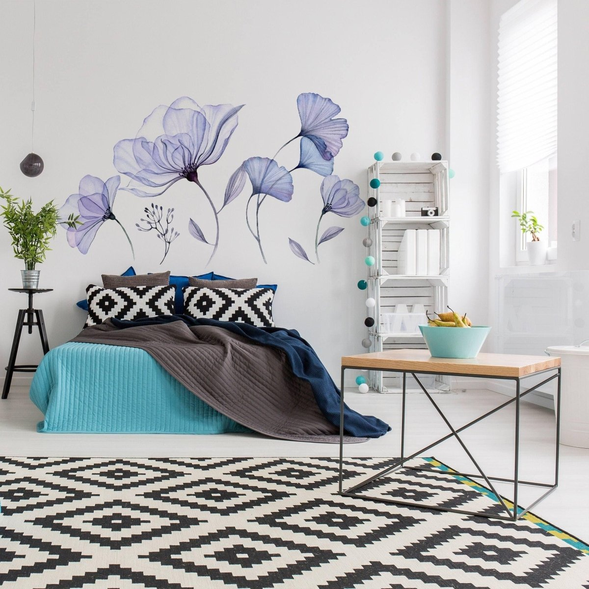 Floral Wall Vinyl Sticker Mural - 3d Blue Flowers Stick Peel Living Room Decor Decal - Furniture Bathroom Blossom Art Transfers Wallpaper