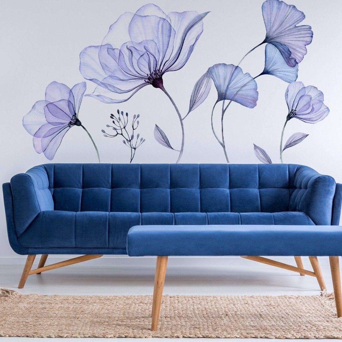 Floral Wall Vinyl Sticker Mural - 3d Blue Flowers Stick Peel Living Room Decor Decal - Furniture Bathroom Blossom Art Transfers Wallpaper