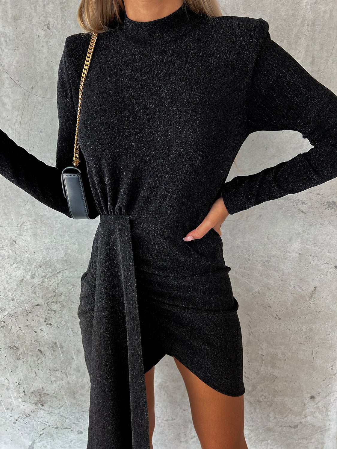 Heathered Mock Neck Long Sleeve Mini Dress