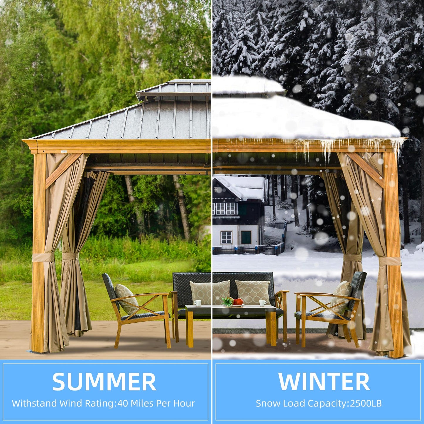 Domi Hardtop Gazebo Outdoor Aluminum Roof Canopy With Mosquito Netting and Curtains