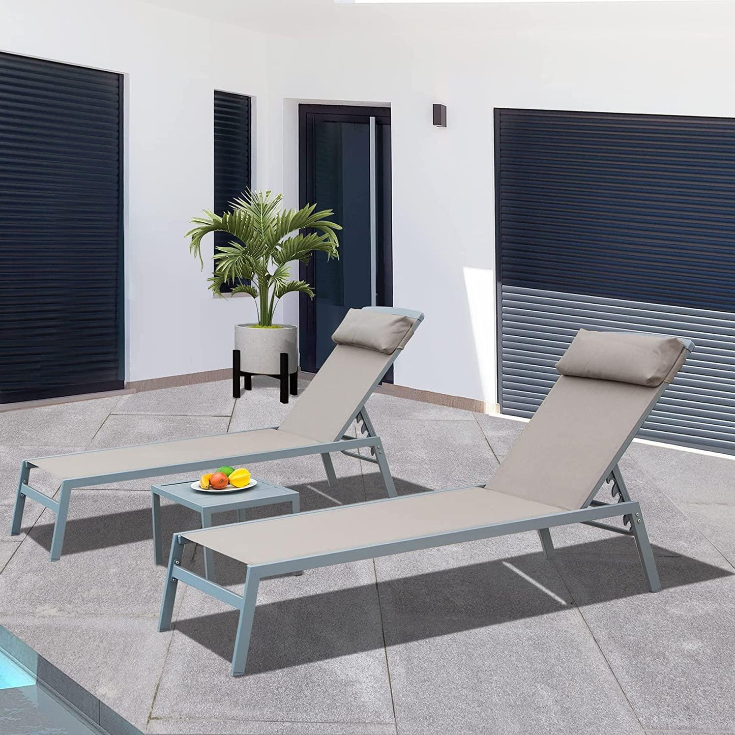 Domi Patio 3 Pieces Aluminum Textilene Chaise Lounge Set with Side Table Outdoor,Adjustable Back