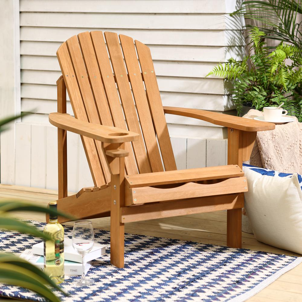 LuxenHome Adirondack Outdoor Wood Chair with Cup Holder