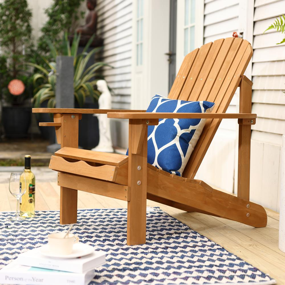 LuxenHome Adirondack Outdoor Wood Chair with Cup Holder