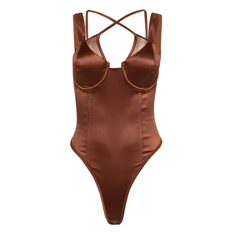 Satin Mesh Bodysuit Patchwork Cut out Top Bodycon Pads Underwire