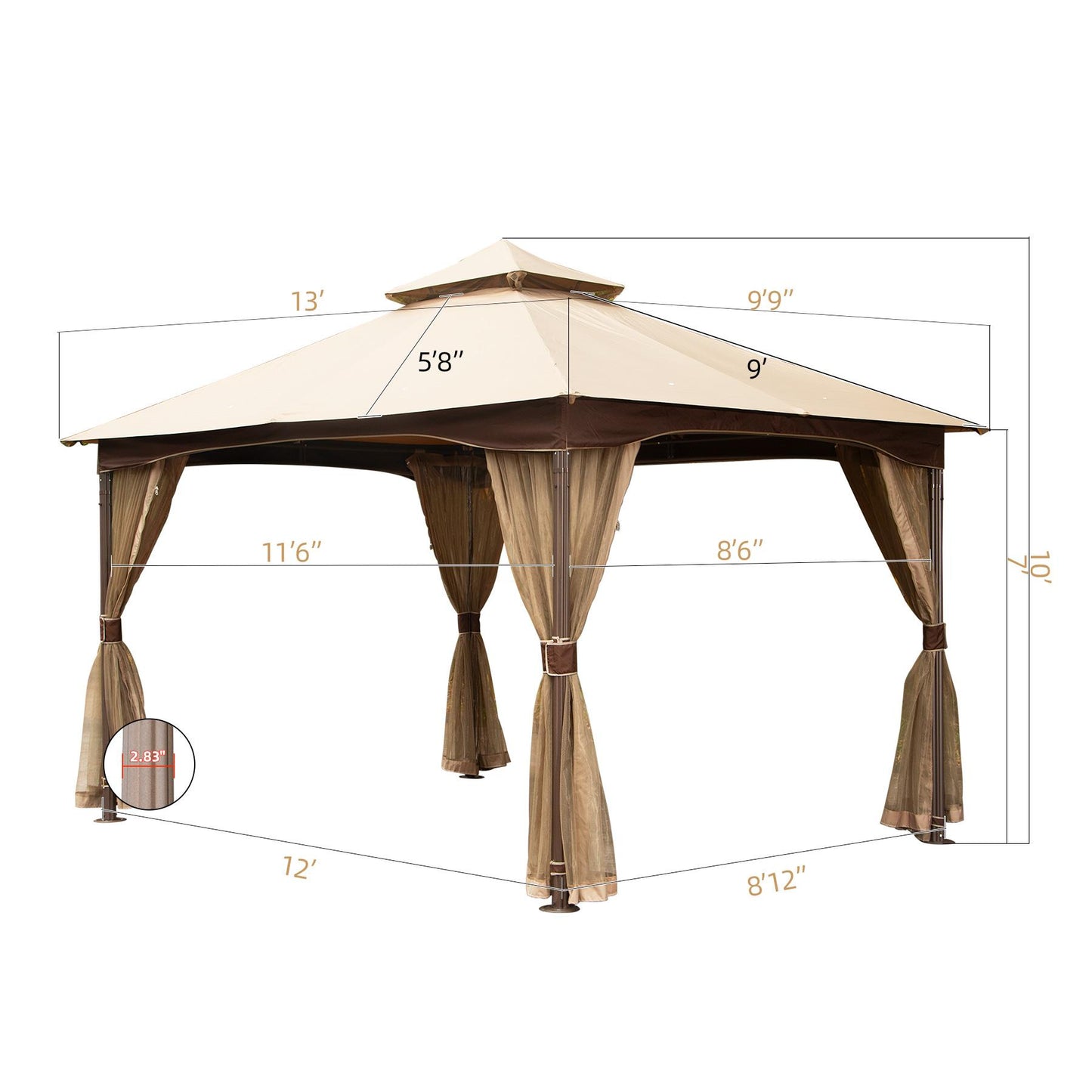 10x13ft Gazebo with Mosquito Netting,Waterproof Double-Roof Canopy,Metal Frame Canopies