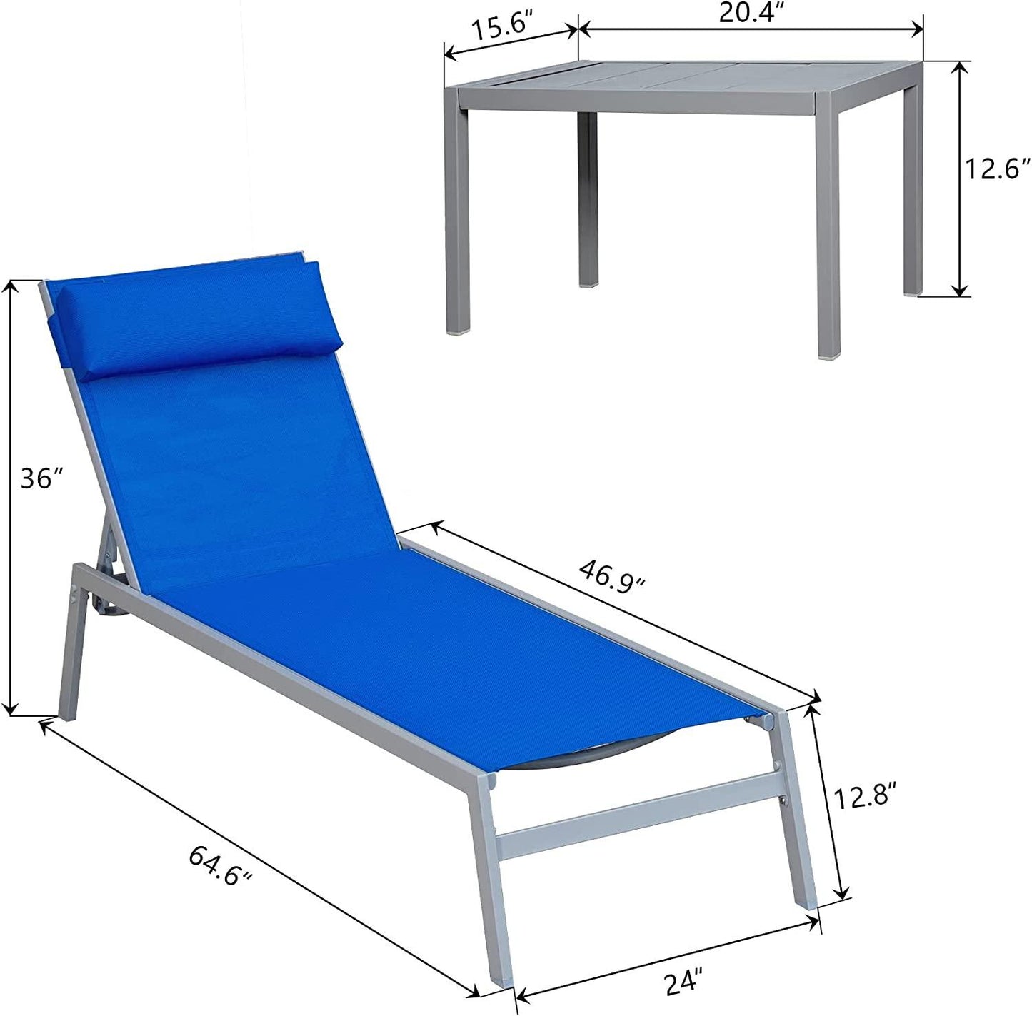 Domi Patio 3 Pieces Aluminum Textilene Chaise Lounge Set with Side Table Outdoor,Adjustable Back