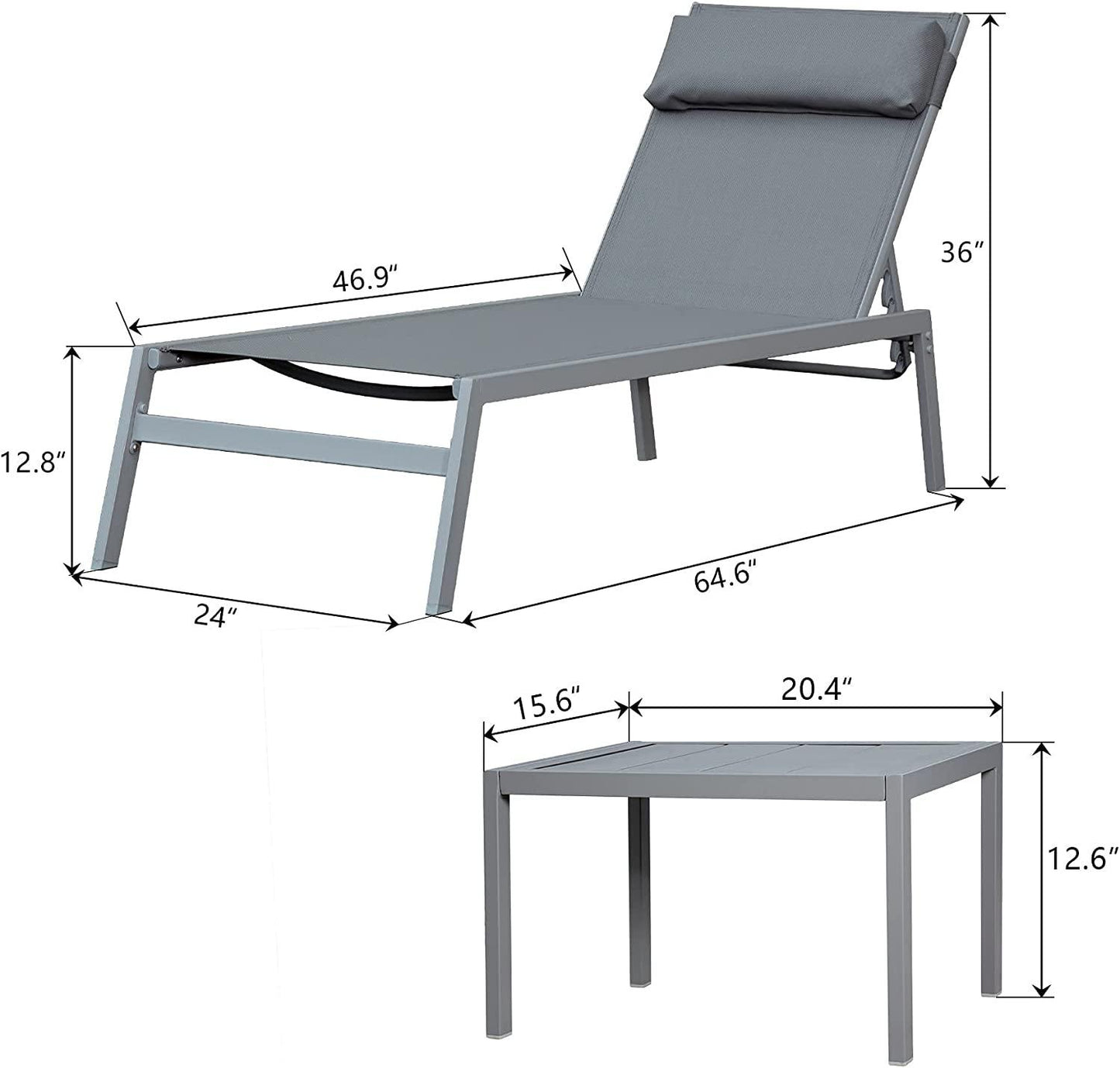 Domi Patio 3 Pieces Aluminum Textilene Chaise Lounge Set with Side Table Outdoor,Adjustable Back